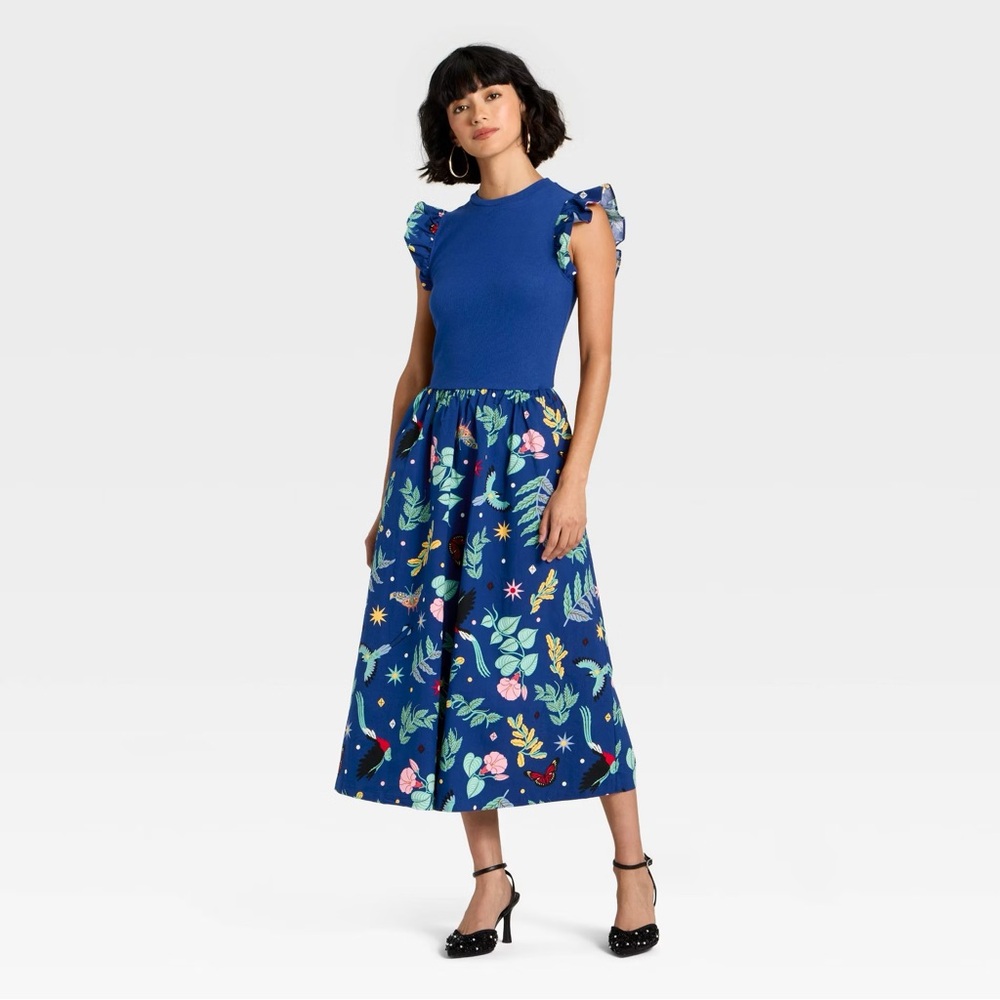 Latino Heritage Month blue ruffle sleeve floral maxi A-line dress. Small NWT